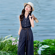 2026年夏季两件套通勤时尚牛仔上衣加阔腿裤套装加腰带，女装套装/套裙，E百度