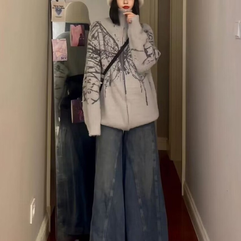美式复古蝴蝶提花拉链开衫毛衣男女冬季潮牌街头慵懒宽松针织外套,针织衫/毛衣,星座218-8