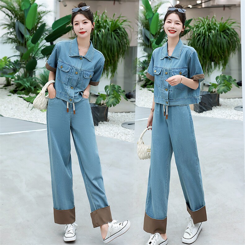 2023夏装新款洋气时尚修身松紧腰牛仔套装撞色甜酷两件套,女装套装/套裙,冬木谷雨