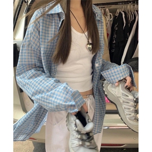 长袖格子衬衫女2026夏季新款慵懒风小众薄款宽松格纹衬衣 CS10图片