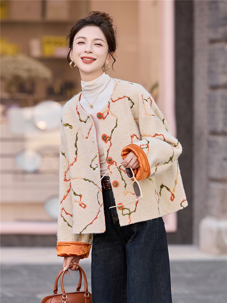 撞色提花单排扣毛呢外套女2025春秋新款高级轻奢小香风短款外套,女装毛呢外套,流量+