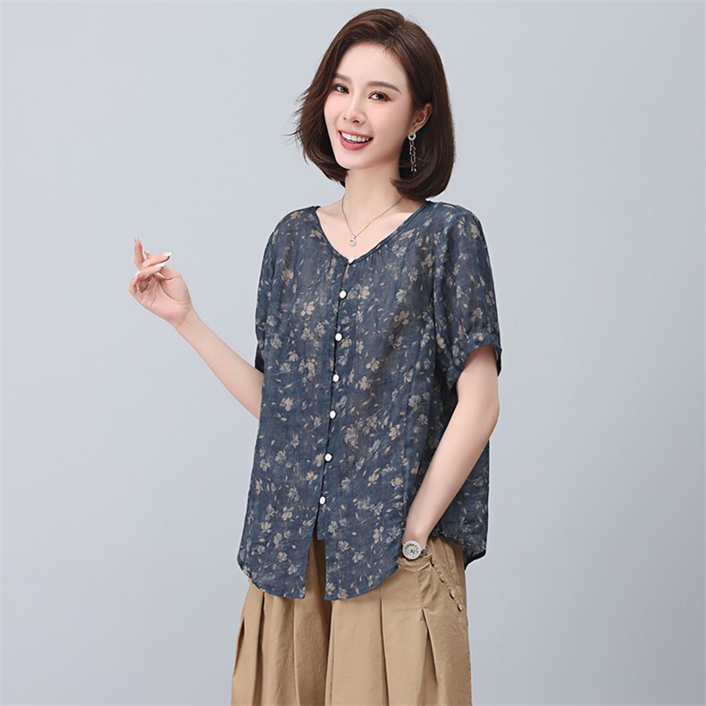 苎麻衬衫女短袖2023新款夏季碎花衬衣小个子妈妈小衫气质洋气上衣,女装衬衫,忆绮罗