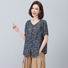 苎麻衬衫女短袖2023新款夏季碎花衬衣小个子妈妈小衫气质洋气上衣，女装衬衫，忆绮罗