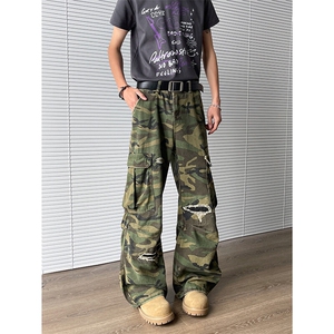 美式水洗做旧迷彩割破宽松多口袋工装牛仔裤微喇男女潮N07627-P62图片