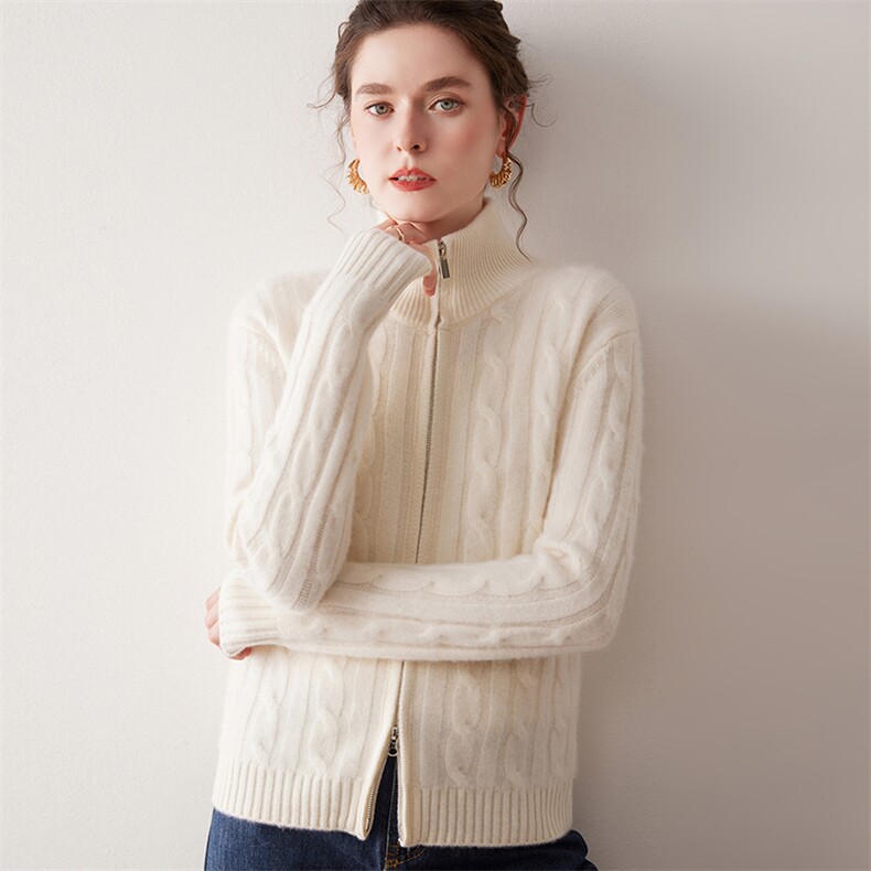 2025年秋季新款百搭女士七针三股加厚重工绞花开衫，女装羊绒衫，尚达羊绒