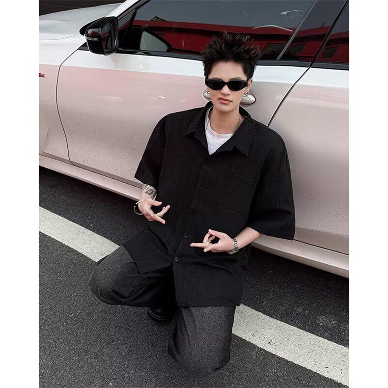 夏季新款肌理感开叉衬衫短袖高级感青少年衬衣七分袖新中式外套，男装T恤，星座506