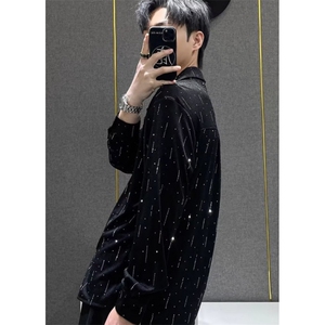 男士时尚潮流休闲百搭烫钻宽松衬衫男纯色长袖衬衣 CK226图片