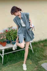 酷飒拽姐牛仔套装裤女夏薄2025新款松弛感穿搭马甲短裤炸街两件套，女装套装/套裙，2C176
