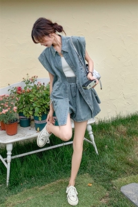 酷飒拽姐牛仔套装裤女夏薄2025新款松弛感穿搭马甲短裤炸街两件套图片