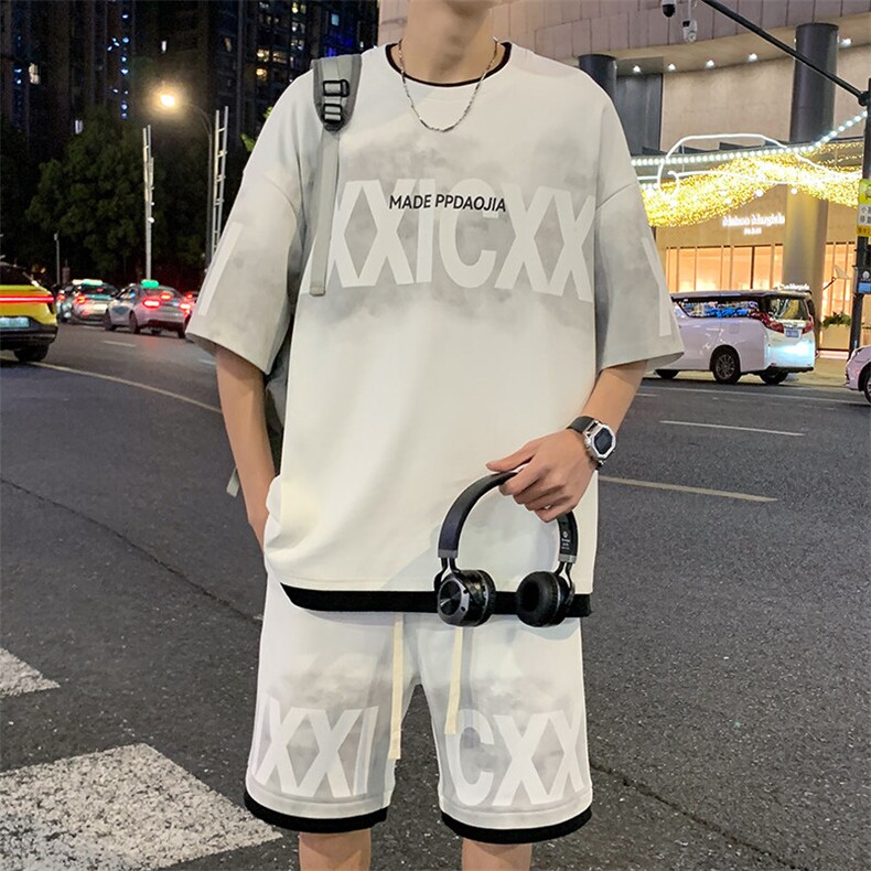特批P50无差价夏季假菠萝格假两件字母印花拼色五分套装男TZ322,男装休闲套装,电商A001