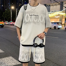 特批P50无差价夏季假菠萝格假两件字母印花拼色五分套装男TZ322，男装休闲套装，电商A001