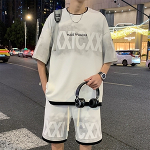 特批P50无差价夏季假菠萝格假两件字母印花拼色五分套装男TZ322图片
