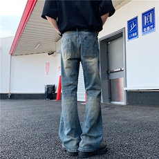 大货自制泥染竹节纹水洗黄褪色微喇叭无弹复古潮流百搭男牛仔长裤，男装休闲裤，星座1013