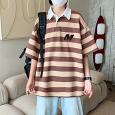 条纹POLO衫男士短袖t恤夏季宽松百搭时尚情侣翻领半袖T0960-P30，男装T恤，星座308B-1