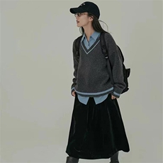 时尚学院风复古百搭V领撞色针织羊毛衫，女装羊毛衫，泰沅羊绒