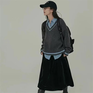 时尚学院风复古百搭V领撞色针织羊毛衫图片