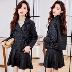 咖色菱形格皮衣外套女2022年秋冬新款欧洲站加绒加厚西装领PU夹克，女装皮衣，江南女神