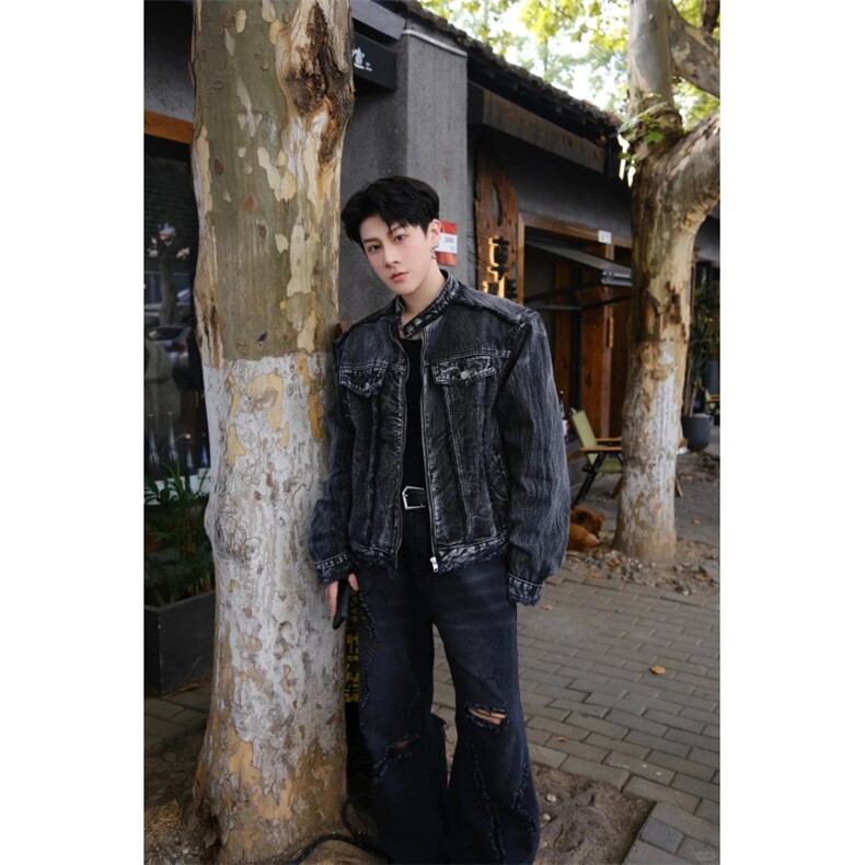 美式短装高街牛仔外套潮牌夹克男复古垫肩宽松上衣服WLJK122-P80,男装工装外套,星座1008