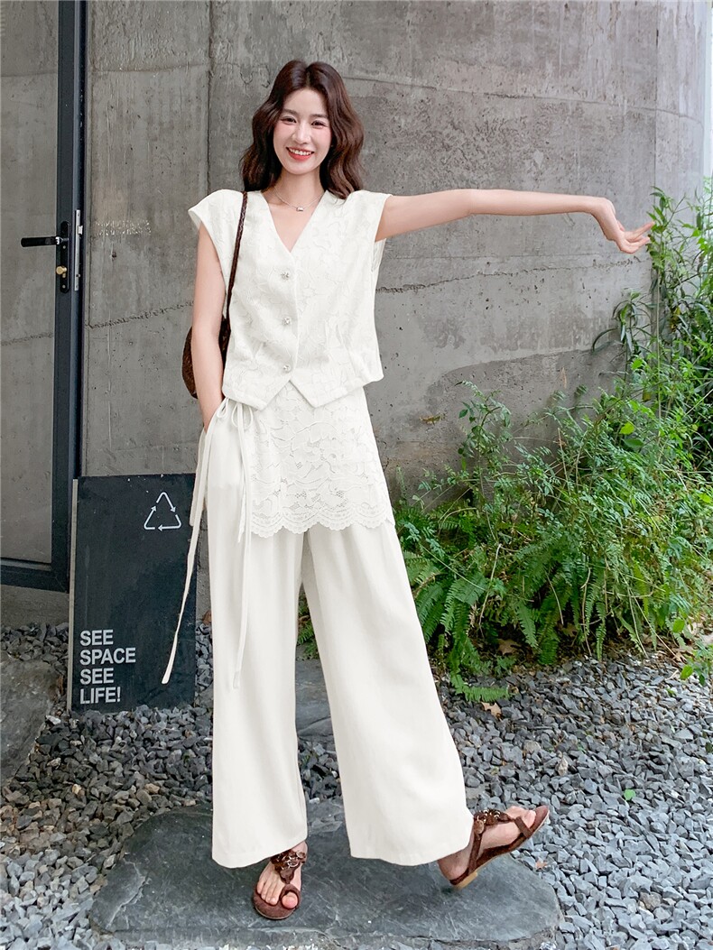 轻熟风气质套装女2026夏季薄款蕾丝上衣显瘦阔腿裤两件套,女装套装/套裙,冬木谷雨