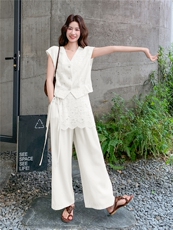 轻熟风气质套装女2026夏季薄款蕾丝上衣显瘦阔腿裤两件套，女装套装/套裙，冬木谷雨