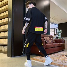 2023夏季短袖t恤男潮流帅气宽松半袖长裤套装男孩体恤F173P75，男装休闲套装，电商A086