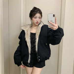 现货高品质美式高街冬季重磅硬挺短款座山雕毛领棉衣男女加厚外套图片