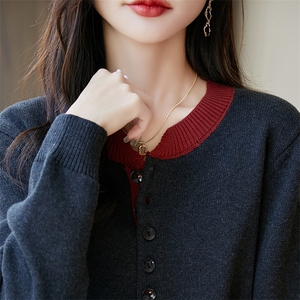 100%纯棉法式撞色假两件针织衫女2025秋冬新款宽松保暖毛衣上衣图片