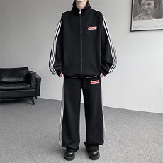 8XL-M条纹撞色开衫新年红卫衣运动套装潮牌运动服校园风TZ114P118，男装休闲套装，电商D206-1