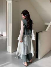 设计感连衣裙打配牛仔马甲套装女春夏季小众阔腿裤三件套减龄，女装套装/套裙，浙宝190