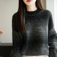 2025年秋季时尚百搭通勤简约休闲圆领撞色亮片上衣，女装针织衫/毛衣，郡淞羊绒