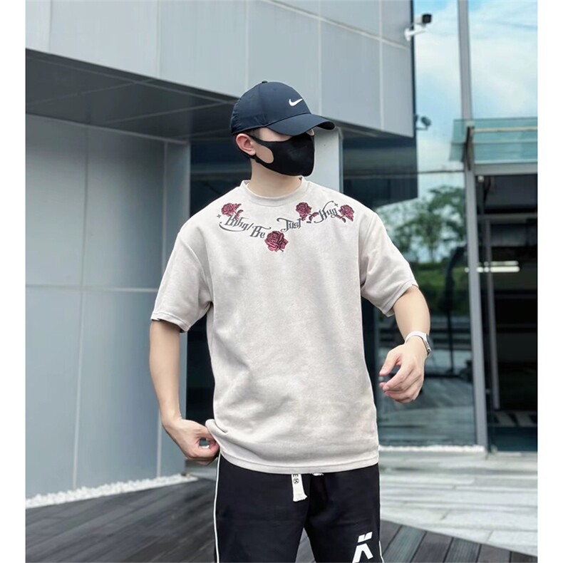 抖音得物直供货高品质短袖240克美式高街麂皮绒印花短袖t恤AJD01,男装T恤,电商A443