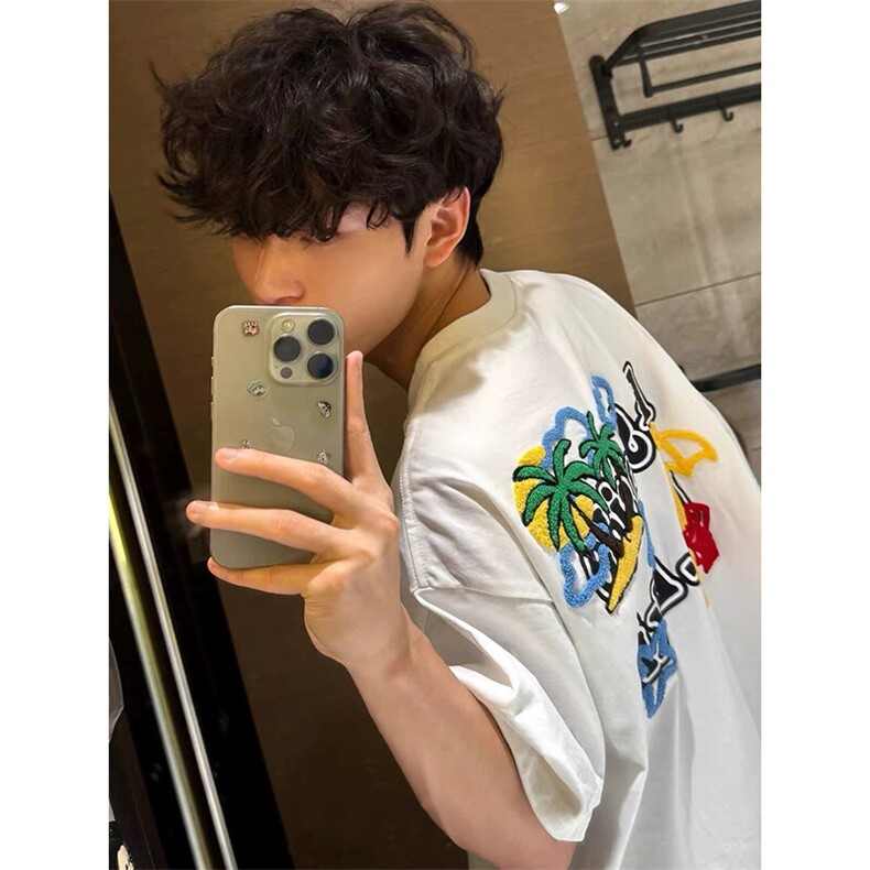 万针全刺绣工艺抖音得物高品质260克重磅纯棉双纱美式高街短袖T恤,男装T恤,电商A486-1