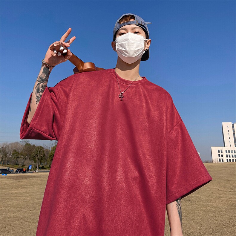 抖音得物直播高品质二开240克美式高街麂皮绒光版纯色短袖t恤12.5,男装T恤,电商A486-1