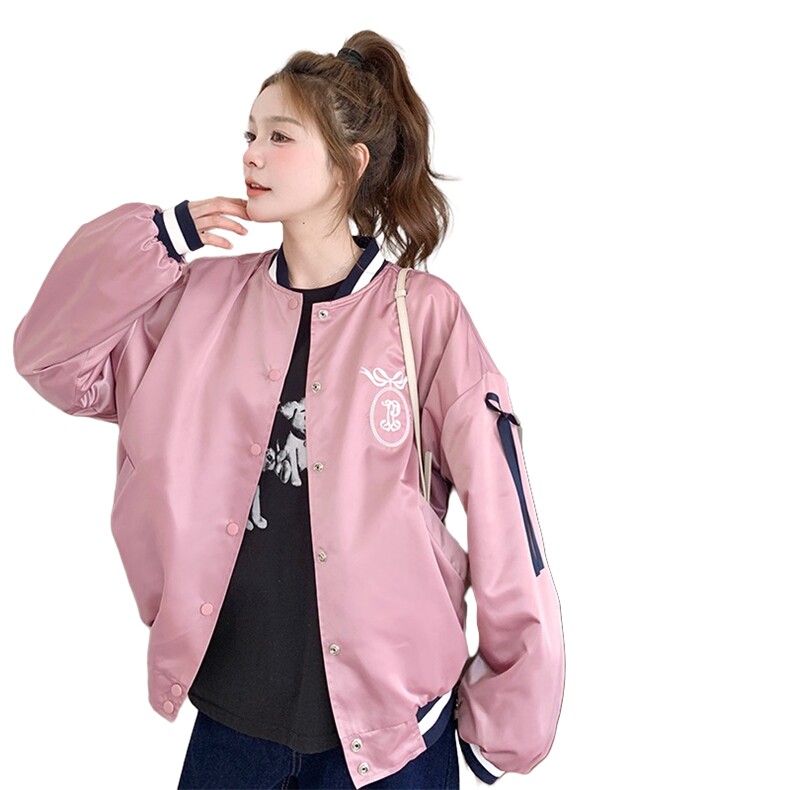 粉色蝴蝶结立领棒球服外套女2025年春秋季韩系学院风显瘦夹克上衣,女装短外套,2C198