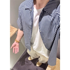 复古格纹短袖衬衫男夏季日系宽松格子衬衣新款翻领半袖上衣C2276，男装T恤，星座1116A（原606A-3）
