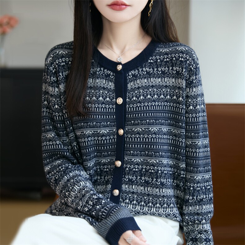 法式拼色精纺羊毛开衫女圆领提花长袖针织毛衣宽松羊绒衫外套上衣,针织衫/毛衣,九嘉羊绒
