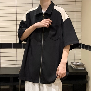 男士短袖春季2024新款拼皮拉链衬衫 W1255 P32图片