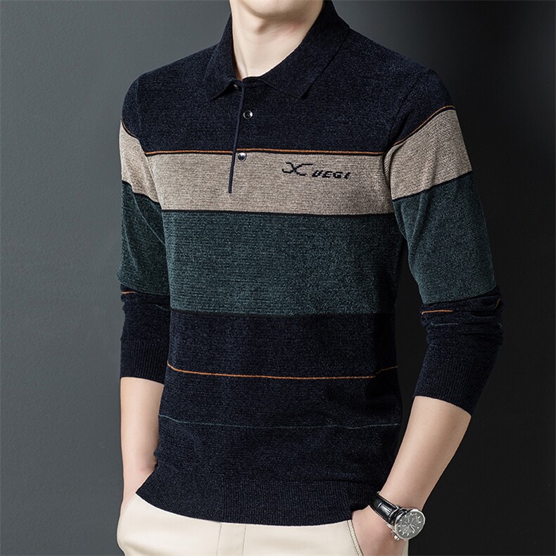春秋季新款2023年男士套头雪尼尔翻领长袖针织衫休闲打底衫毛衣，男装针织衫/毛衣，电商B212（原钱塘6029）
