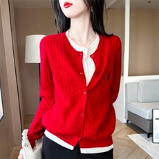 时尚百搭假两件扭花羊毛开衫显瘦修身女士针织衫，女装羊毛衫，端硕羊绒