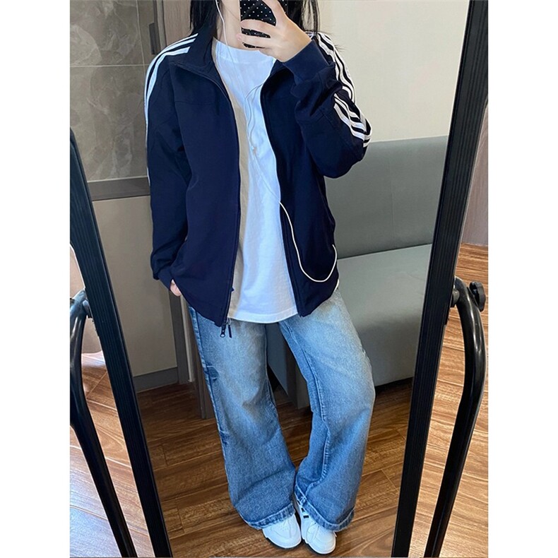 藏青色短款立领外套男秋季美式潮牌三条杠运动夹克cleanfit棒球服,男装夹克,星座506A