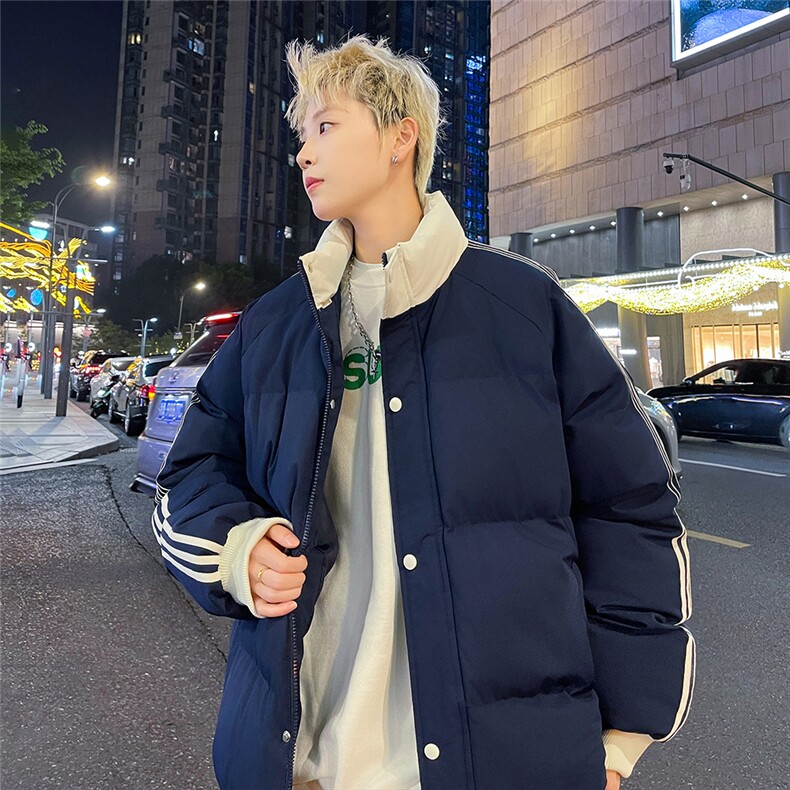 夜景情侣时尚宽松袖边三条杠立领棉衣MY2288特批75控128,男装棉衣,电商A247