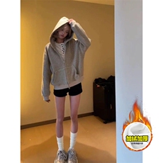 480G重磅加绒硬挺boxy男女秋冬美式高街条纹毛呢卫衣开衫厚外套，女装短外套，电商A486