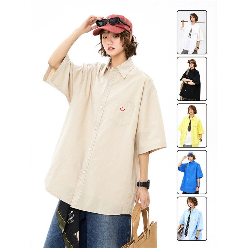 多巴胺爱心刺绣衬衫短袖男女夏季宽松纯棉衬衣情侣防晒外套933P45，女装衬衫，星座710