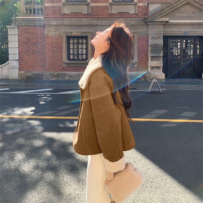 设计感短款双面穿皮毛一体外套女秋冬超火好看加绒加厚羊羔毛夹克,女装皮草,2C029