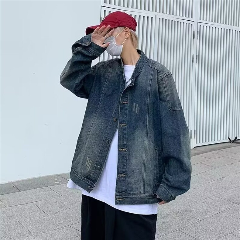 复古做旧机车至爱春秋季立领宽松百搭牛仔夹克重水洗耐磨外套男潮,男装夹克,星座1210-1