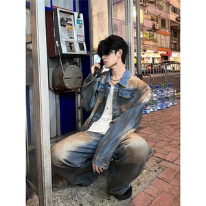 铁锈蓝短款垫肩牛仔外套男高级感痞帅工装夹克水洗做旧牛仔衣褂子图片