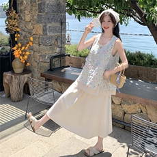 蓝色假两件碎花套装女2025夏新款法式独特绝美衬衫半身裙两件套，女装套装/套裙，2C133