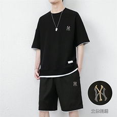网图7538-P55短袖t恤男士夏季宽松男装短裤一套华夫格运动套装，男装牛仔裤，电商D310B-1