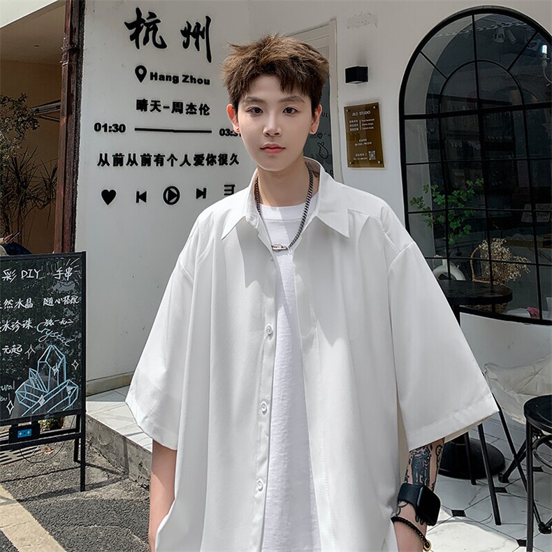 2026夏休闲褶皱冰丝凉感短袖五分袖半袖衬衫 CS1800/特P30 白色5图片