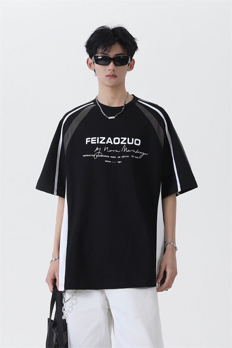 撞色条纹短袖t恤男夏季美式街头hiphop机车风宽松潮流半袖体恤衫,男装T恤,电商A102